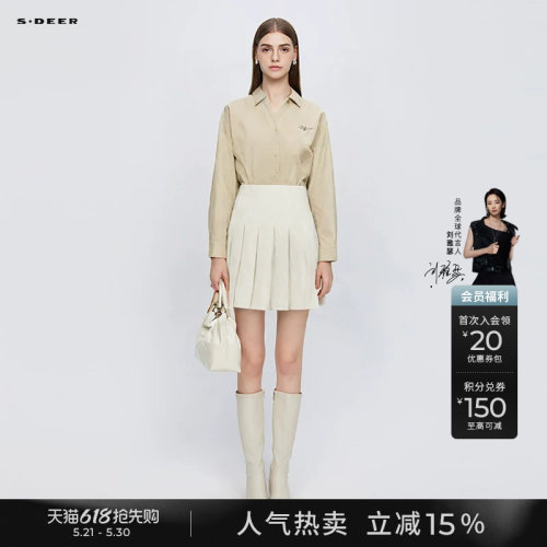 sdeer翻领时尚胸针压褶长袖衬衫