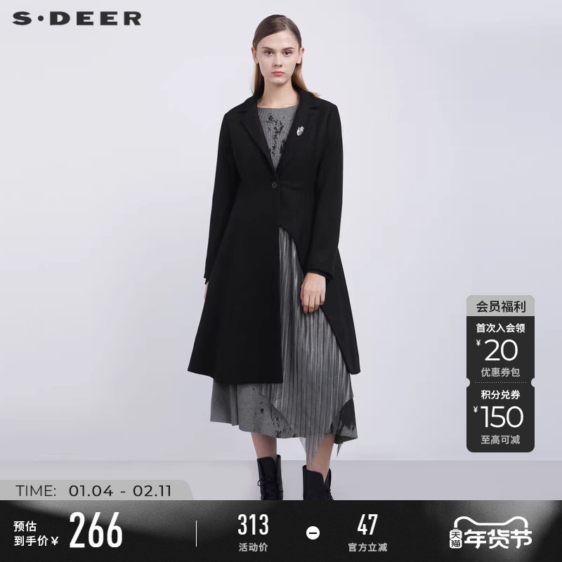 sdeer圣迪奥冬装女装西装领不规则网纱拼接毛呢大衣S21481827,女装/女士精品,风衣,淘宝优惠券,粉丝福利购,淘宝优惠卷