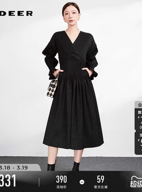 sdeer圣迪奥春秋装女装V领风琴褶拼接长袖连衣裙S233Z12V4