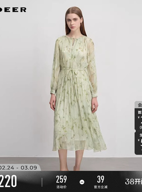 sdeer圣迪奥女装春秋装圆领风琴褶收腰印花长袖连衣裙S243Z1205