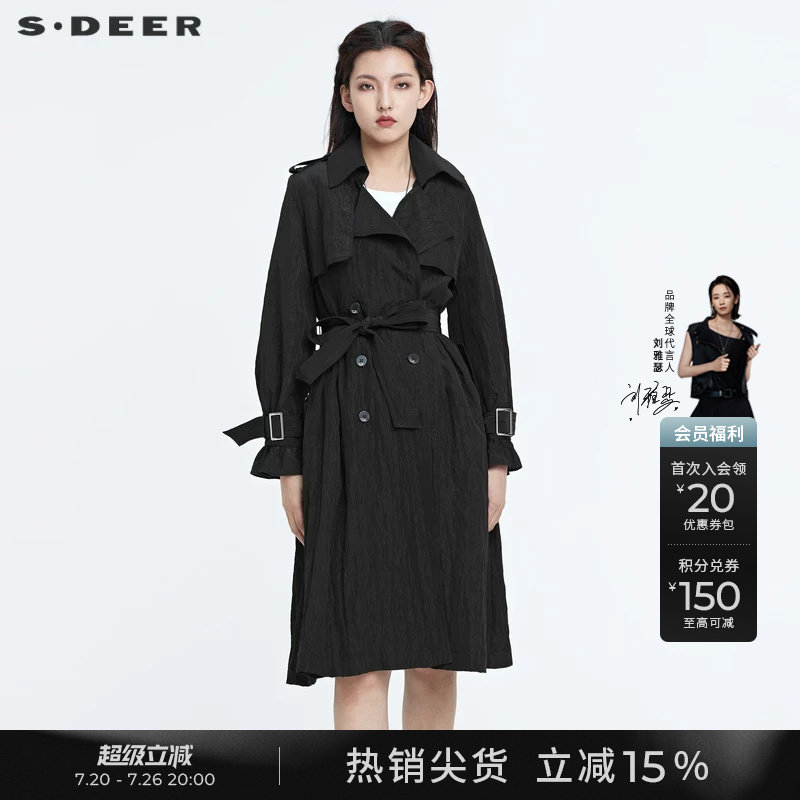 sdeer圣迪奥春秋装女装西装领收腰双排扣中长款风衣外套S22181809