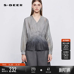 衬衫 OL风V领压褶渐变长袖 S25183203 女装 sdeer圣迪奥春装