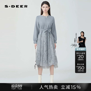 sdeer圣迪奥春秋装女装装复古圆领收腰拼接网纱连衣裙S241Z1264