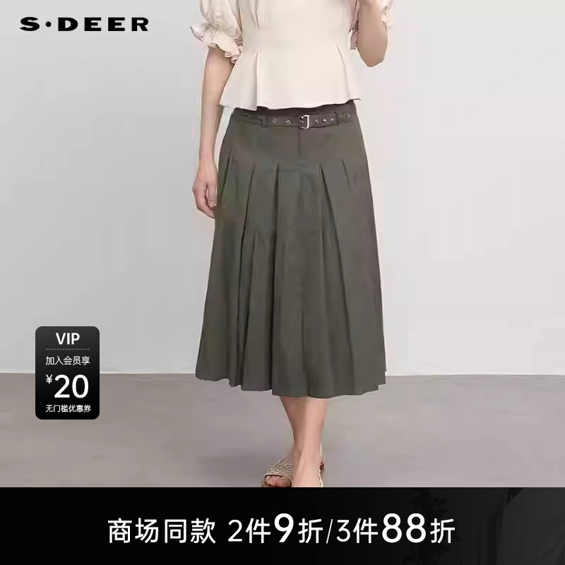 【商场同款】sdeer圣迪奥女个性高腰系带不规则百褶长裙S25281121