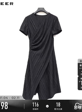 sdeer圣迪奥春秋女装时尚V领肌理褶皱不规则短袖连衣裙S223Z12S6
