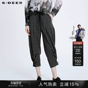 sdeer圣迪奥春装抽绳松紧拼接格纹通勤长裤S22160813