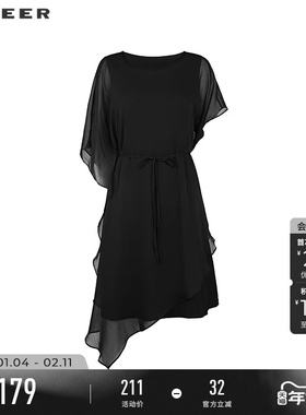 sdeer圣迪奥女装圆领收腰拼接不规则雪纺连衣裙S223Z12C7