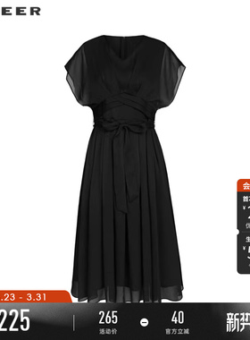 sdeer圣迪奥夏季女装小黑裙V领拼接收腰雪纺短袖连衣裙S232Z12PR