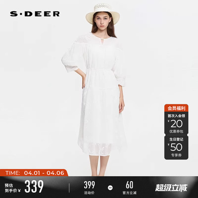 sdeer圆领绣花收腰长袖连衣裙