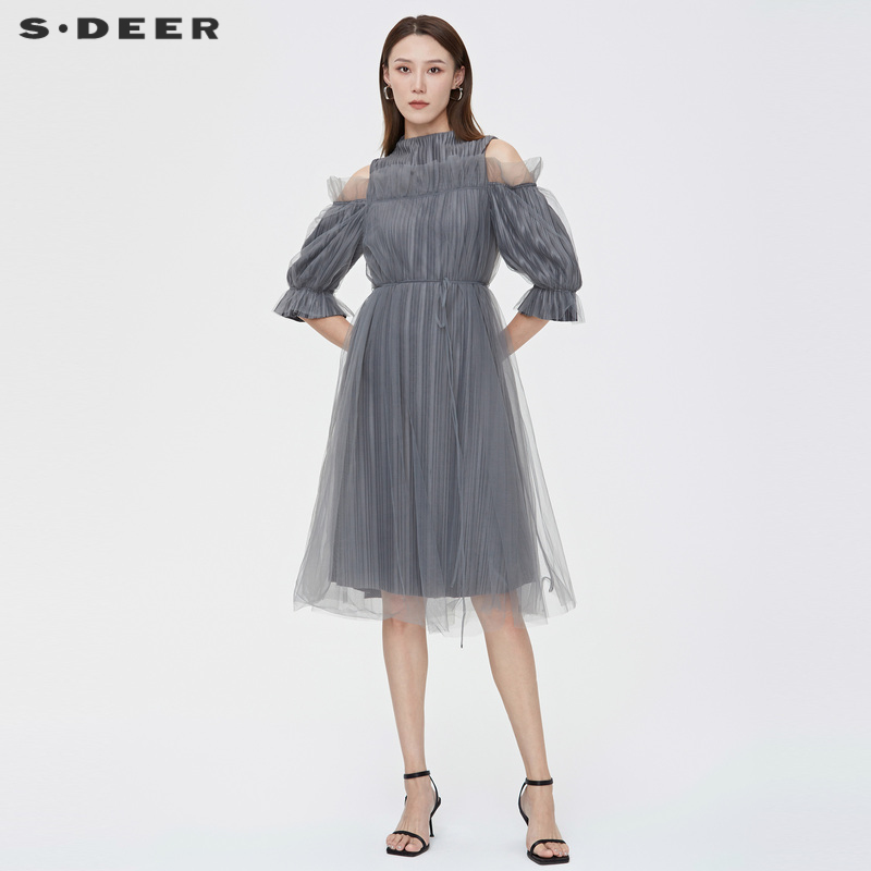 sdeer圣迪奥露肩法式连衣裙网纱法式复古气质裙子女夏季S222Z12L2