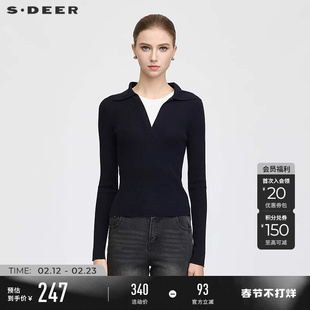sdeer圣迪奥女装春秋装慵懒感翻领撞色拼接针织衫S25363503