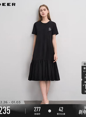 sdeer圣迪奥夏装25年新品圆领心形碎褶拼接短袖连衣裙女S252Z1221