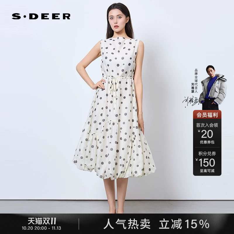 sdeer圣迪奥女装夏季复古圆领波点收腰无袖连衣裙S252Z1291