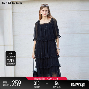 女装 sdeer圣迪奥夏季 小黑裙方领荷叶边网纱蛋糕裙连衣裙S232Z12V2