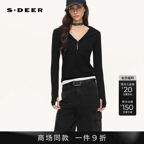 sdeer半开襟连帽撞色拼接针织衫