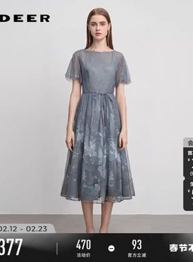 sdeer圣迪奥夏季女装圆领收腰印花网纱泡泡袖连衣裙S242Z12N5