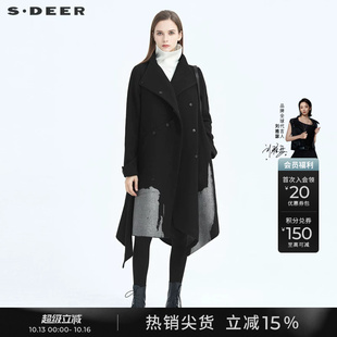 sdeer圣迪奥冬装女装立领胶印不规则拼接长款毛呢大衣女S20481837
