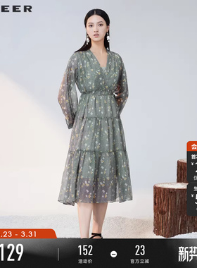 sdeer圣迪奥春秋装女碎花连衣裙V领收腰吊带两件套长裙S223Z126V