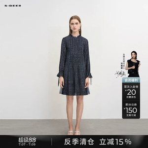 sdeer圣迪奥冬装女装圆领风琴褶格纹网纱连衣裙S234Z12G1