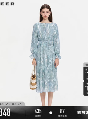 sdeer圣迪奥女装春秋装清新圆领压褶收腰提花连衣裙S253Z1257