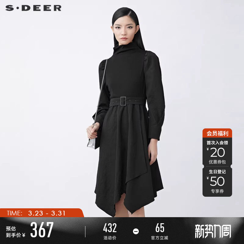 sdeer圣迪奥冬季女装高领收腰黑色连衣裙S21481218