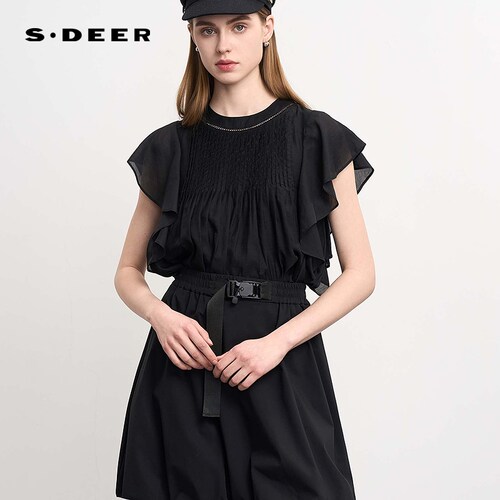 sdeer圆领风琴褶荷叶边宽松上衣