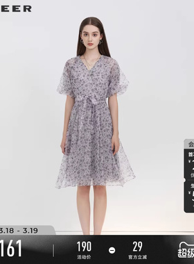 sdeer圣迪奥碎花裙女春秋装V领收腰泡泡袖茶歇连衣裙S223Z12Y3