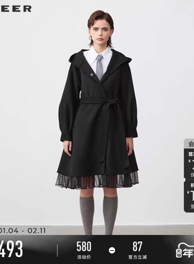 sdeer圣迪奥冬季女装时尚连帽收腰网纱毛呢长款大衣S244Z2505