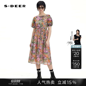 sdeer圣迪奥春夏女装圆领碎花网纱收腰泡泡袖连衣裙S233Z1260