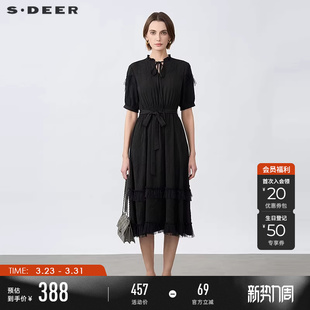 木耳边圆领收腰网纱短袖 女装 连衣裙S25261208 夏装 sdeer圣迪奥女装