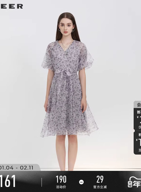 sdeer圣迪奥碎花裙女春秋装V领收腰泡泡袖茶歇连衣裙S223Z12Y3