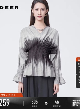 sdeer圣迪奥春装女装OL风V领压褶印花不规则衬衫S241Z0519