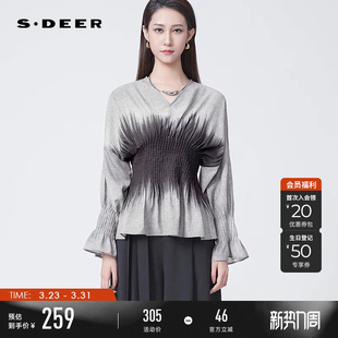 S241Z0519 OL风V领压褶印花不规则衬衫 sdeer圣迪奥春装 女装