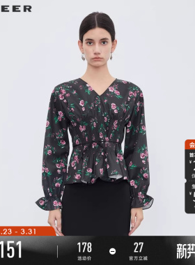 sdeer圣迪奥春秋装女装V领风琴褶碎花收腰长袖衬衫S233Z0575
