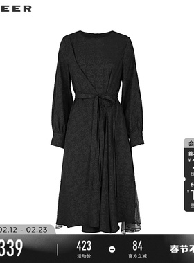 sdeer圣迪奥春秋装女装复古圆领收腰肌理网纱连衣裙S243Z1289