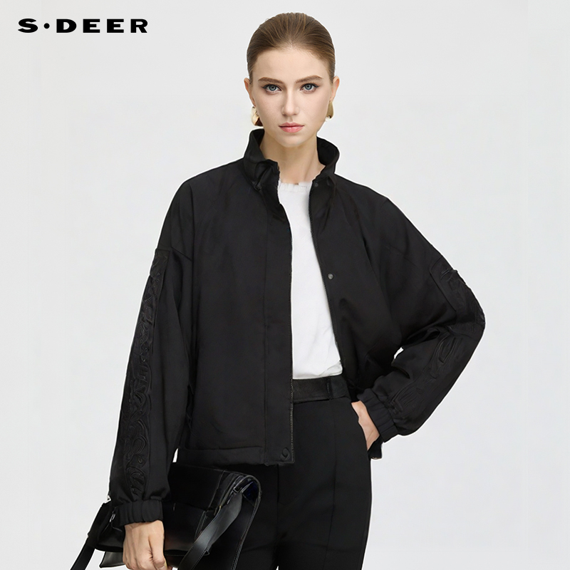 sdeer时尚立领绣花拼接夹克外套