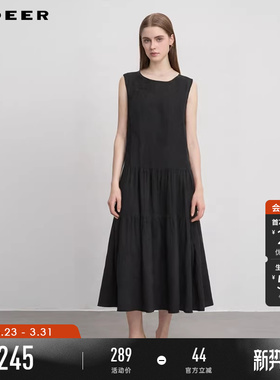 sdeer圣迪奥冬装女装复古圆领盘扣碎褶无袖连衣裙S244Z1204
