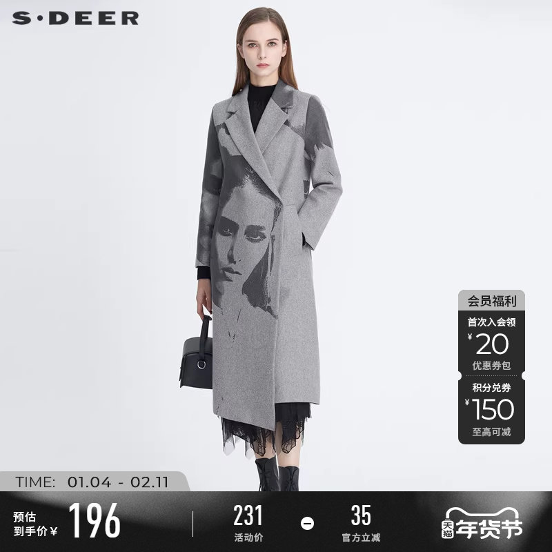 sdeer圣迪奥冬季女装西装领人像印花中长款灰色毛呢大衣S20481818
