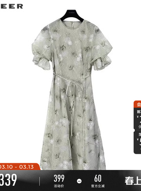 sdeer圣迪奥夏装女装圆领绣花收腰网纱泡泡袖连衣裙S242Z1278