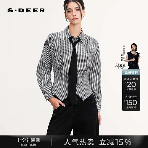 sdeer学院风系带格纹不规则衬衫