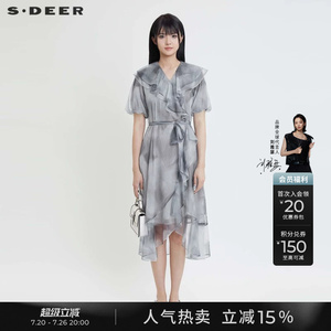 sdeer圣迪奥夏季女装V领荷叶边收腰晕染网纱连衣裙S24281234