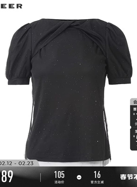 sdeer圣迪奥女装夏装圆领蝴蝶结泡泡袖网纱T恤S223Z0133