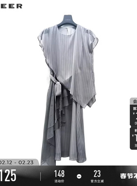 sdeer圣迪奥女装圆领条纹收腰拼接短袖连衣裙S223Z124Q