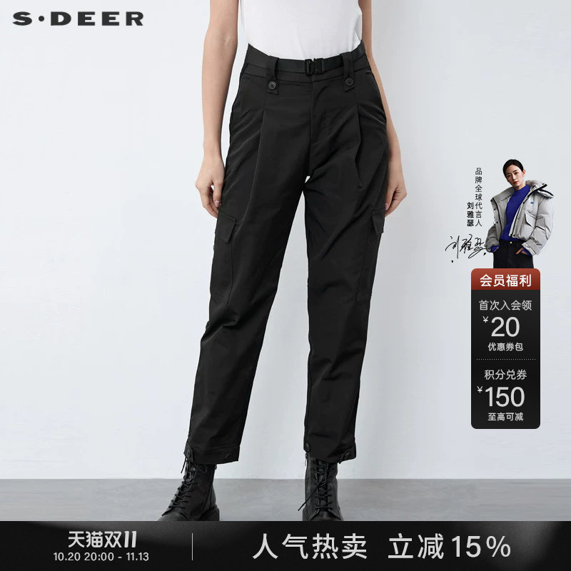sdeer圣迪奥冬装女装腰带拼接立体口袋工装黑色长裤S21480834
