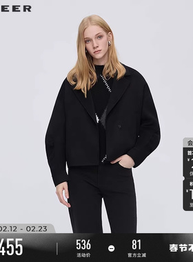 sdeer圣迪奥女装25年新品OL风西装领抽褶双面呢短款外套S254Z2603