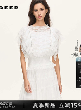 sdeer圣迪奥26年夏季新品圆领花边松紧网纱拼接短袖上衣S262Z3213