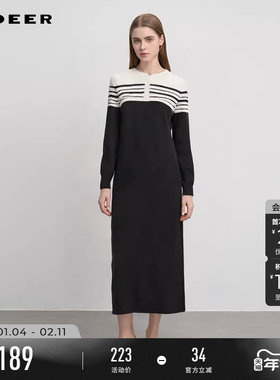 sdeer圣迪奥春装女装罗纹圆领撞色条纹针织连衣裙S241Z1218