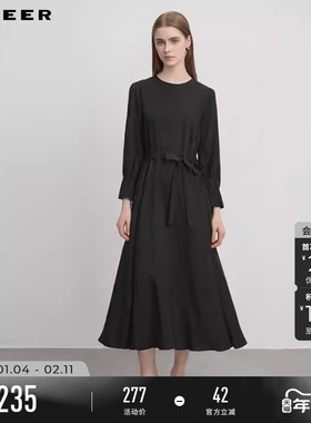 sdeer圣迪奥秋装女装时尚圆领收腰拼接长袖连衣裙S243Z12A2