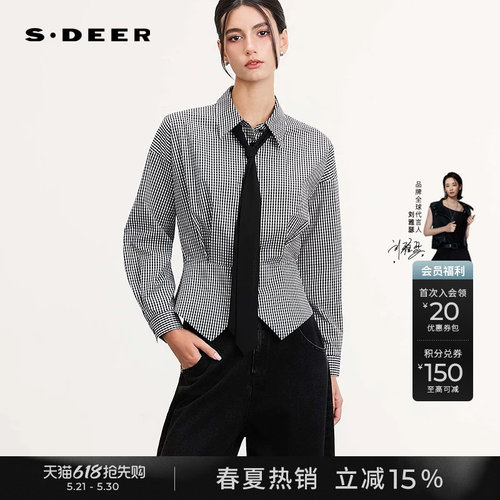 sdeer学院风系带格纹不规则衬衫