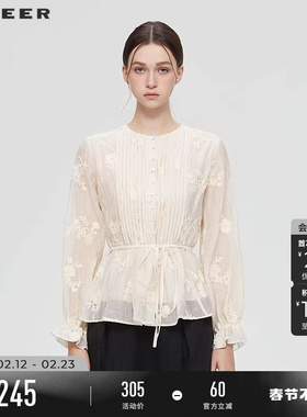 sdeer圣迪奥女装春秋装复古圆领风琴褶收腰绣花衬衫S253Z0549